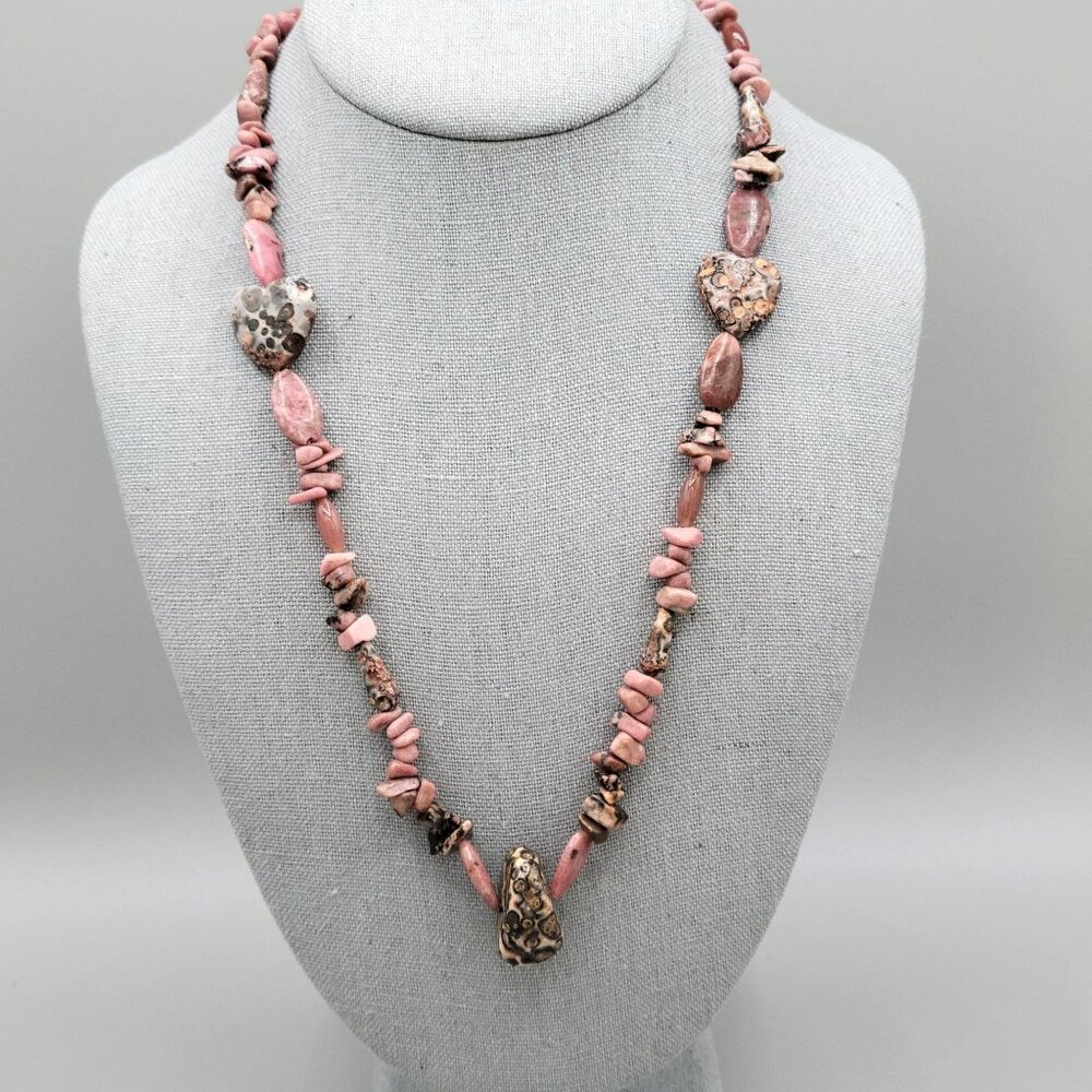 Hand Crafted Leopard Skin Jasper Pendant Necklace Rhodonite Chips Barrel Close